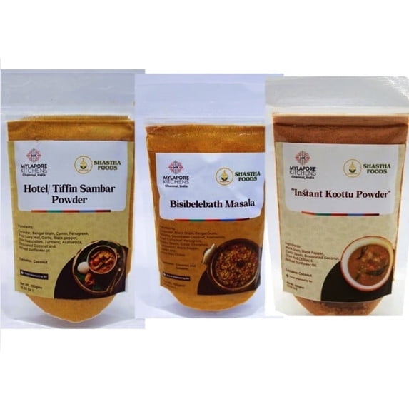 Mylapore Kitchen Mix Combo H - Instant Kootu Powder, Hotel Sambar Podi, Panakam Mix, and Bisi Bele Bath Masala, pack of 4