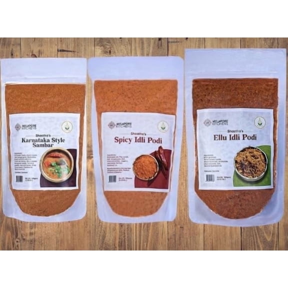 Mylapore Kitchens Spicy Mix Combo c, pack of 4 - Powder Food Form, contains Sesame, Ellu & Flax Seed Idly Podi, Sambar Podi, Panakam Mix - Vegetarian