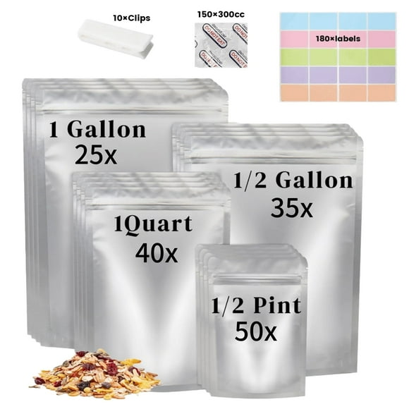Mylar Bags with Oxygen Absorbers,150 pcs Long Term Food Storage Bag,1 Gallon 10x14, 7x11, 6x9, 4x6 Stand-up Zipper for Airtight Smell Proof Packaging(4 Sizes)