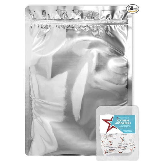 Mylar Bags for Food Storage - 1 Gallon (10x14) - 50 Pack with Oxygen Absorbers - Airtight Sealable - Long Term Food Preservation