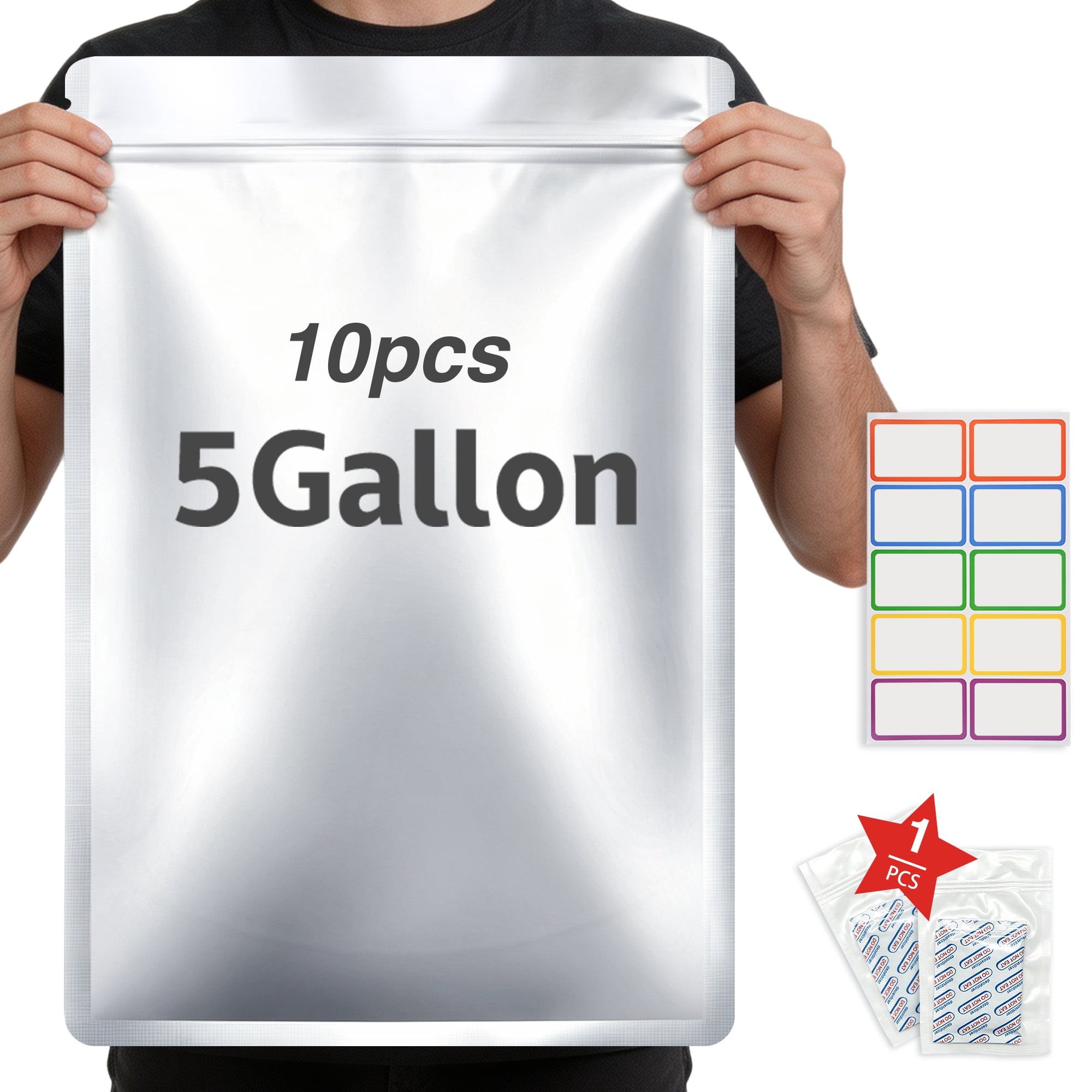 10 Mylar Bags 5 Gallon with 10x2500CC Oxygen Absorbers Zipper for Food ...