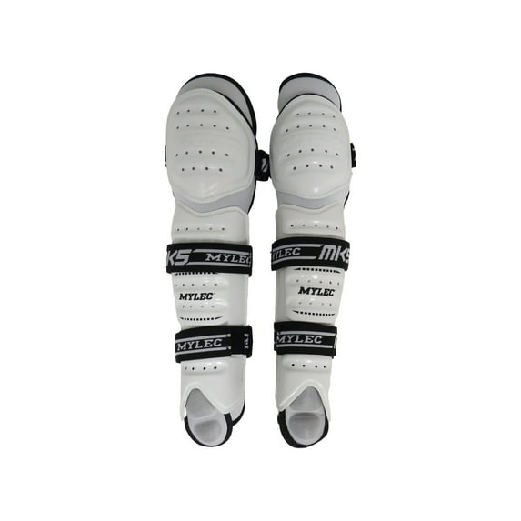 MyLec MK5 Street Hockey Shin Guard Pad, Lightweight & Durable Hockey Accessories, 360° Velcro Straps, Hard Front Shells, Breathable Material, Metatarsal Padding, Foam Rubber (White, 13 Inches)