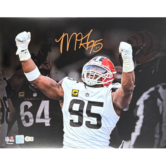 Myles Garrett Autographed Cleveland Browns Signed Football 16x20 Photo 2025 Week 18 Breaking NFL Single-Season Sack Record Beckett Witness Authenticated COA