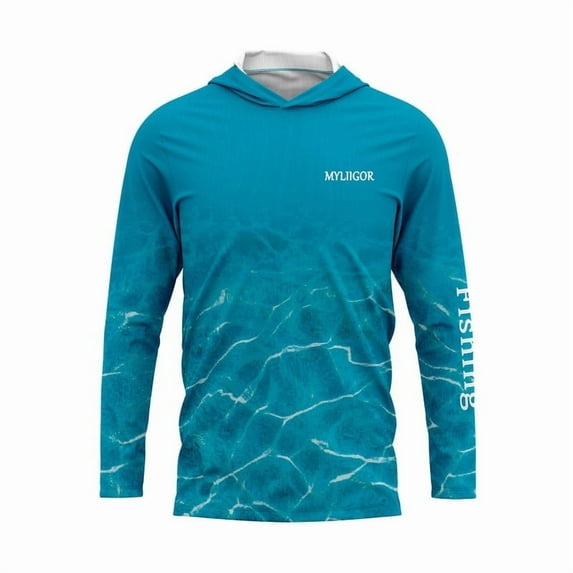 Myliigor Upf 50 Lightweight Sun Blocking Water Sports Fishing Shirts Fast Dry Youth Mens Long Sleeve Hooded t Shirt Teal Aquamarine S-3XL