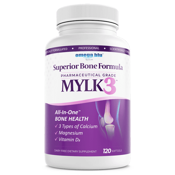 Omega Blu Calcium Supplement - Mylk3 Contains 3 Types of Calcium, Magnesium, Omega-3 Fish Oil, and Vitamin D3 for Joint, Muscle, Bone, Eye, Brain, and Heart Health (120 Liquid Soft Gel Capsules)