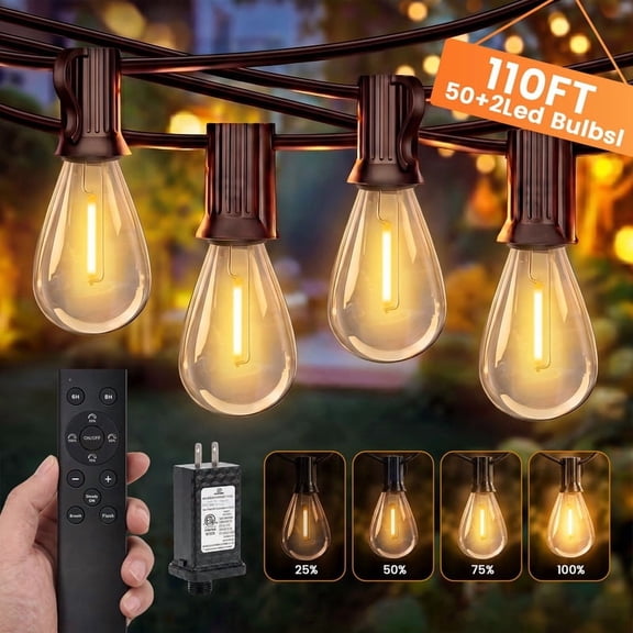 Mylorn 110FT Low Voltage String Lights S14 Bulbs 50+2, 2FT Spacing, 2700K Remote Dimmable, 3 Modes,Waterproof for Backyard Patio Wedding