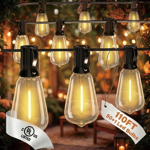 Mylorn 2FT Spacing 110FT Outdoor String Lights with ST38 LED Bulbs, 50+2 Vintage Tubular Bulbs, 2700K Warm Dimmable Patio Lights, Waterproof Connectable for Large Backyard, Garden, Bistro Decor