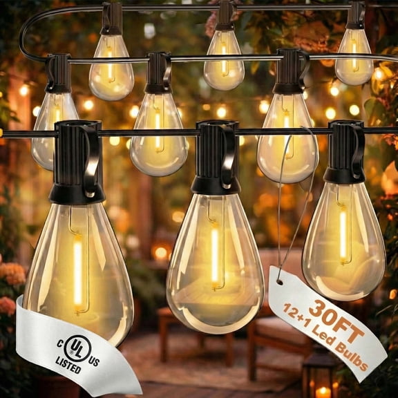 Mylorn 30FT LED Outdoor String Lights, 12+1 S14 Shatterproof Bulbs, 2FT Spacing, 2700K Dimmable Warm White, IP65 Waterproof, Connectable Patio Garden Porch Deck Decor