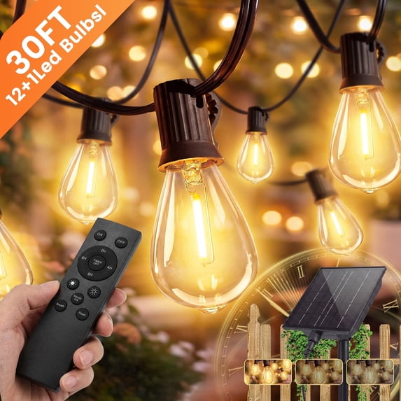 Mylorn Solar Outdoor String Lights 120FT(60FT*2), S14 LED Bulbs 50+2, 2700K Warm White Dimmable with Remote, 3 Modes, 2FT Spacing, Patio Lights for Balcony Cafe Yard Garden Decor