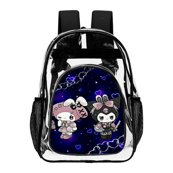 Mymelody And Kuromi56 Clear Backpack Transparent Heavy Duty Bookbag Large PVC Laptop Bag Adjustable Shoulder Straps with Mesh Side Pockets for College Work Travel Stadium Concert