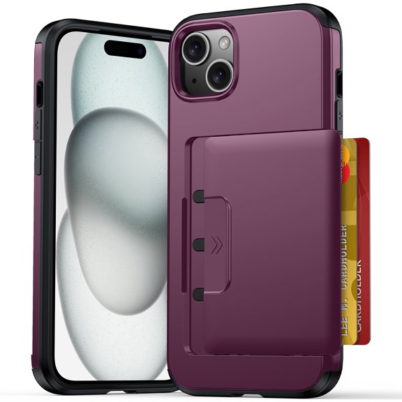 Mynvo Apple iPhone 15 Wallet Case with Hidden Card Holder, Heavy Duty Protective Phone Cover, Slim Rugged Case with 12FT Drop Protection Sliding Door, Cherryred