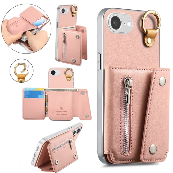 Mynvo for Apple iPhone 17e/iPhone 16e, Slim PU Leather Zipper Wallet Phone Case with Card Slots, Cash Pocket, Metal Buckle Hook Folio Stand Back Protective Cover, Pink