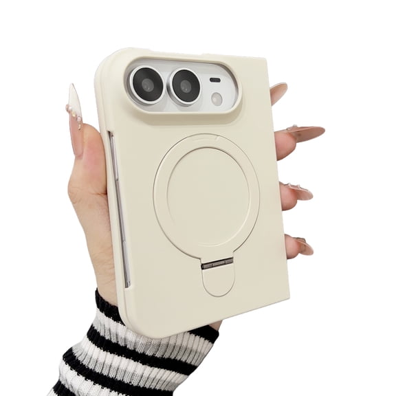Mynvo Case for Apple iPhone Duo, Foldable Phone Cover with 360-Degree Rotating Ring Kickstand, Magnetic Charging Compatibility Raised Camera Protection, Beige