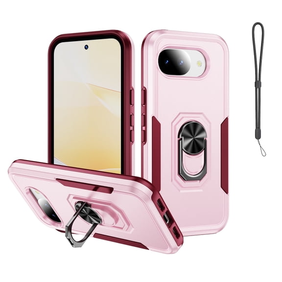 Mynvo Case for Google Pixel 10A with Kickstand, with Wrist Strap Slim Hard PC Rugged Non-Slip Anti-Fingerprint Anti-Scratch Protective Back Cover for Women Men, Pink+Rose