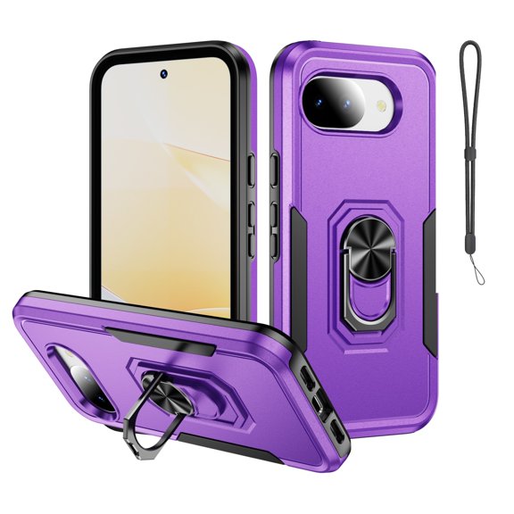 Mynvo Case for Google Pixel 10A with Kickstand, with Wrist Strap Slim Hard PC Rugged Non-Slip Anti-Fingerprint Anti-Scratch Protective Back Cover for Women Men, Purple+Black