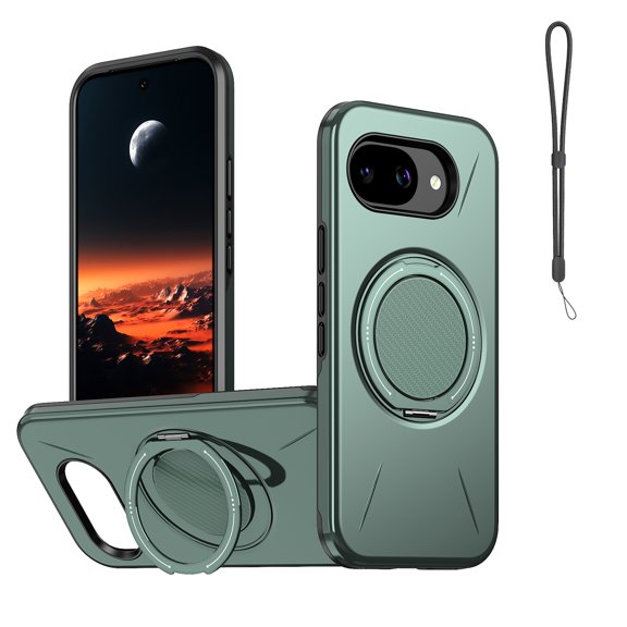 Mynvo Case for Google Pixel 10A with Wrist Strap, Built-in Ring Holder Kickstand Slim Lightweight Hard PC Rugged Support Wireless Charging Non-Slip Anti-Fingerprint Shockproof Bumper, Green