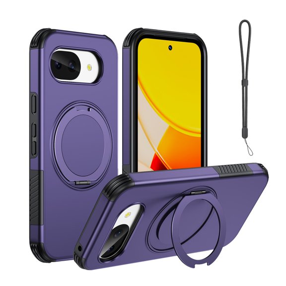 Mynvo Case for Google Pixel 10A with Wrist Strap, Built-in Ring Holder Kickstand Support Wireless Charging Non-Slip Shockproof Magnetic Back Cover, Deeppurple