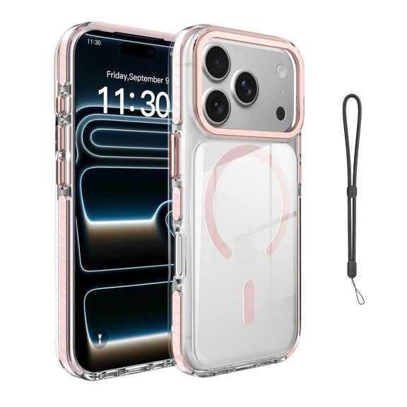 Mynvo Case for iPhone 17 Pro with Wrist Strap, Clear Back Cover Support Wireless Charging Slim Lightweight Hard PC Rugged Non-Slip Anti-Fingerprint Shockproof Protective Bumper, Pink