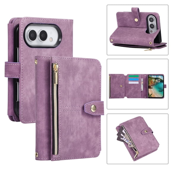 Mynvo Case for iPhone Duo, with Crossbody Shoulder Strap & Wrist Strap, with Card Slots/ Cash Slot/Zipper Pocket, PU Leather Folio Stand Magnetic Closure Wallet Shockproof Bumper Cover, Purple