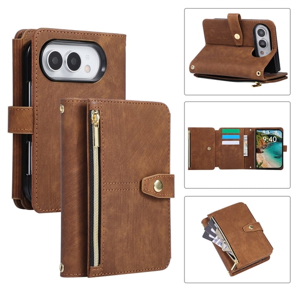 Mynvo Case for iPhone Duo, with Crossbody Shoulder Strap & Wrist Strap, with Card Slots/ Cash Slot/Zipper Pocket, PU Leather Folio Stand Magnetic Closure Wallet Shockproof Bumper Cover, Brown
