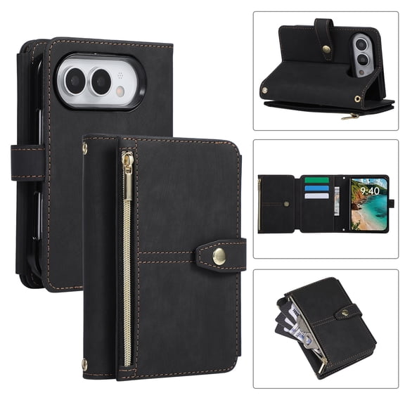 Mynvo Case for iPhone Duo, with Crossbody Shoulder Strap & Wrist Strap, with Card Slots/ Cash Slot/Zipper Pocket, PU Leather Folio Stand Magnetic Closure Wallet Shockproof Bumper Cover, Black