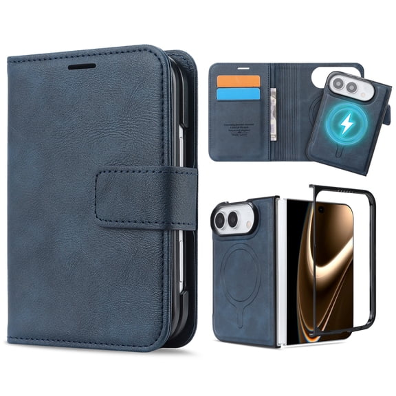 Mynvo Case for iPhone Duo with Cash Slot, Support Wireless Charging Non-Slip PU Leather Wallet Phone Case RFID Blocking Shockproof Protective Magnetic Back Cover, Blue