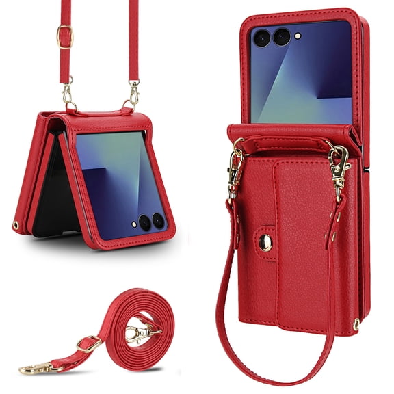 Mynvo Crossbody Wallet Case for Samsung Galaxy Z Flip 8, PU Leather Phone Cover with Card Holder and Adjustable Strap, Red