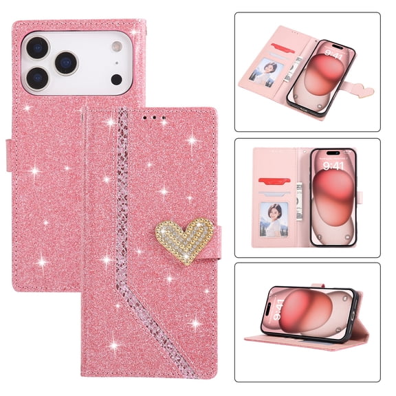 Mynvo Glitter Wallet Case for Apple iPhone 18 Pro, Sparkly Folio Phone Cover with Card Slots, ID Window, Cash Pocket, Kickstand, Heart Closure and Wrist Strap, Pink