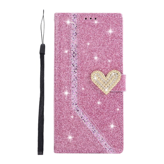 Mynvo Glitter Wallet Case for Apple iPhone 18 Pro, Sparkly Folio Phone Cover with Card Slots, ID Window, Cash Pocket, Kickstand, Heart Closure and Wrist Strap, Purple