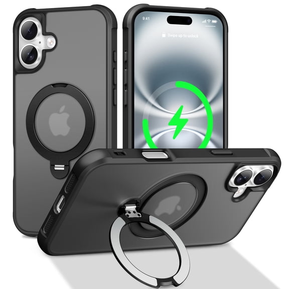 Mynvo Lightweight Case for iPhone 16 with Ring Holder Kickstand, Support Wireless Charging Rugged Heavy Duty Durable Cover Case for Women Men, Black