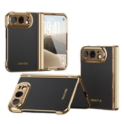 Mynvo Luxury PU Leather Case for Apple iPhone Duo with Built-in Screen Protector, Hinge Protection Electroplated Slim Full-Body Protective Cover, Anti-Fingerprint Houndstooth Design, Black