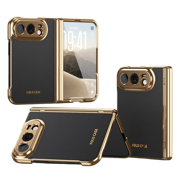 Mynvo Luxury PU Leather Case for Apple iPhone Duo with Built-in Screen Protector, Hinge Protection Electroplated Slim Full-Body Protective Cover, Anti-Fingerprint Houndstooth Design, Black