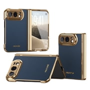 Mynvo Luxury PU Leather Case for Apple iPhone Duo with Built-in Screen Protector, Hinge Protection Electroplated Slim Full-Body Protective Cover, Anti-Fingerprint Houndstooth Design, Blue