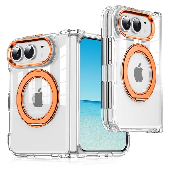 Mynvo Magnetic Case for Apple iPhone Duo with Built-in Ring Stand, Clear Shockproof Slim Cover with Hinge Protection Compatible with Magsafe Wireless Charging Support, Orange