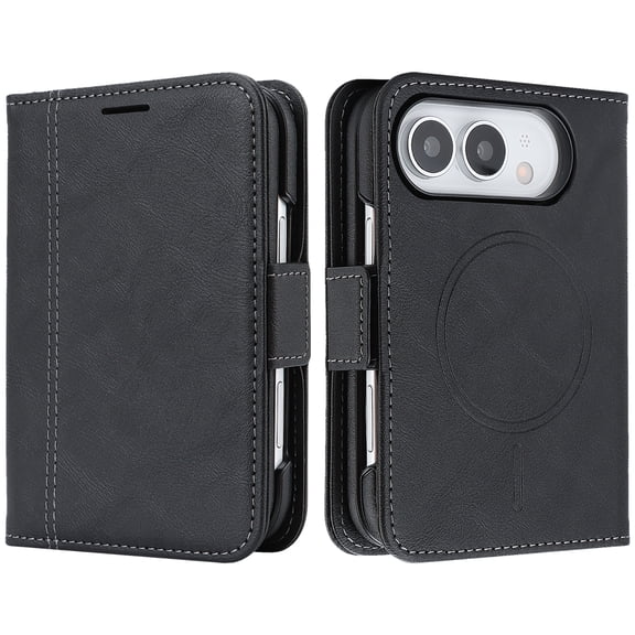 Mynvo Magnetic Case for iPhone Duo, Support Wireless Charging RFID Blocking PU Leather Wallet Phone Case with Card Pocket Shockproof Protective Back Cover, Black