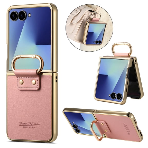Mynvo for Samsung Galaxy Z Flip 8 Back Cover Case with Grip Ring, PU Leather Hard PC Lightweight Rugged Non-Slip Abti-Fingerprint Shockproof Protective Bumper, Pink
