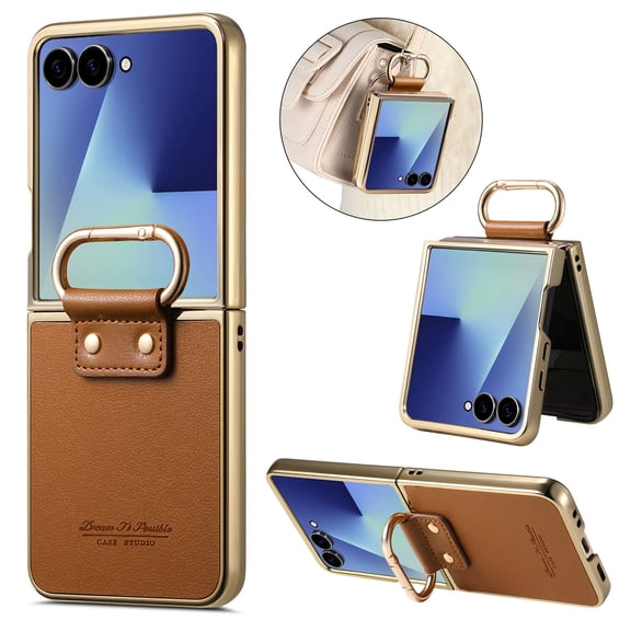 Mynvo for Samsung Galaxy Z Flip 8 Back Cover Case with Grip Ring, PU Leather Hard PC Lightweight Rugged Non-Slip Abti-Fingerprint Shockproof Protective Bumper, Brown