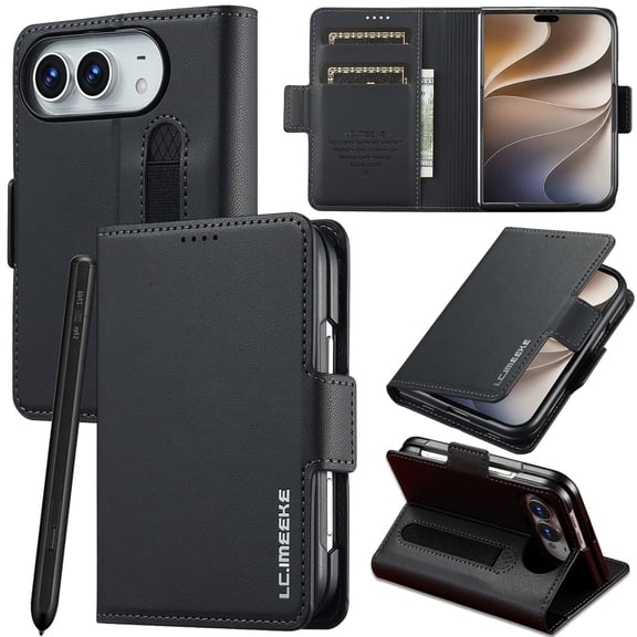Mynvo Slim Wallet Case for Apple iPhone Duo with Stylus Pen Holder, Folio Phone Cover with 2 Card Slots, Cash Pocket, Magnetic Closure Kickstand Protective Cover, Black