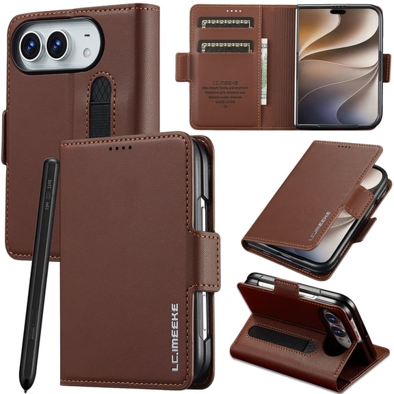 Mynvo Slim Wallet Case for Apple iPhone Duo with Stylus Pen Holder, Folio Phone Cover with 2 Card Slots, Cash Pocket, Magnetic Closure Kickstand Protective Cover, Brown