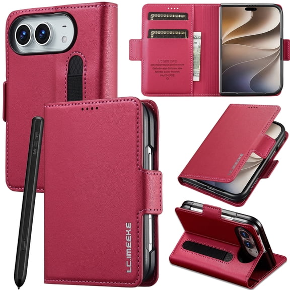 Mynvo Slim Wallet Case for Apple iPhone Duo with Stylus Pen Holder, Folio Phone Cover with 2 Card Slots, Cash Pocket, Magnetic Closure Kickstand Protective Cover, Red