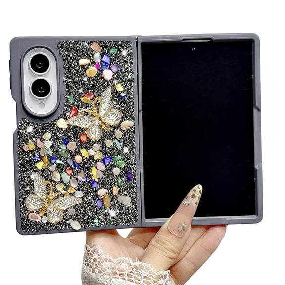 Mynvo Sparkle Rhinestone Protective Phone Case for Samsung Galaxy Z Fold 8, Shiny Diamond Butterfly Design with Lanyard Cover for Girls Women
