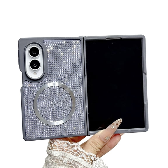 Mynvo Sparkly Rhinestone Case for Samsung Galaxy Z Fold 8 with Magnetic Ring & Beaded Wrist Strap, Luxury Bling Slim Protective Wireless Charging Support Cover for Women Girls