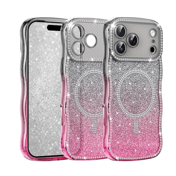 Mynvo Stylish Case for Apple iPhone 18 Pro Max, Glitter Gradient Magnetic Phone Cover Embossed with Rhinestone, Soft TPU Bumper Raised Camera Protection