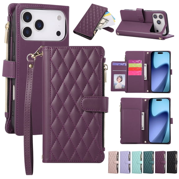 Mynvo Stylish for iPhone 18 Pro Max Case Wallet with Card Slots and Zipper Pocket, Hand Wrist + Crossbody Strap RFID Blocking Girls Women Phone Case for iPhone 18 Pro Max, Darkpurple