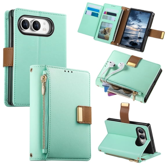 Mynvo Zipper Wallet Case for Apple iPhone Duo, Multi-Card Slot Folio Cover with Kickstand Magnetic Clasp PU Leather RFID Blocking Case for Women Men, Mint