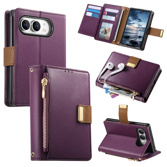 Mynvo Zipper Wallet Case for Apple iPhone Duo, Multi-Card Slot Folio Cover with Kickstand Magnetic Clasp PU Leather RFID Blocking Case for Women Men, Purple