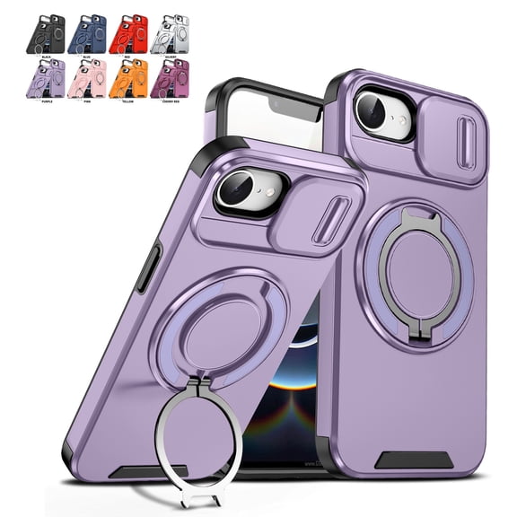 Mynvo for iPhone 16e/ iPhone 17e Case, Shockproof Bumper Rugged Rotating Stand Ring Holder Magnetic Cover Compatible with Car Mount, Purple