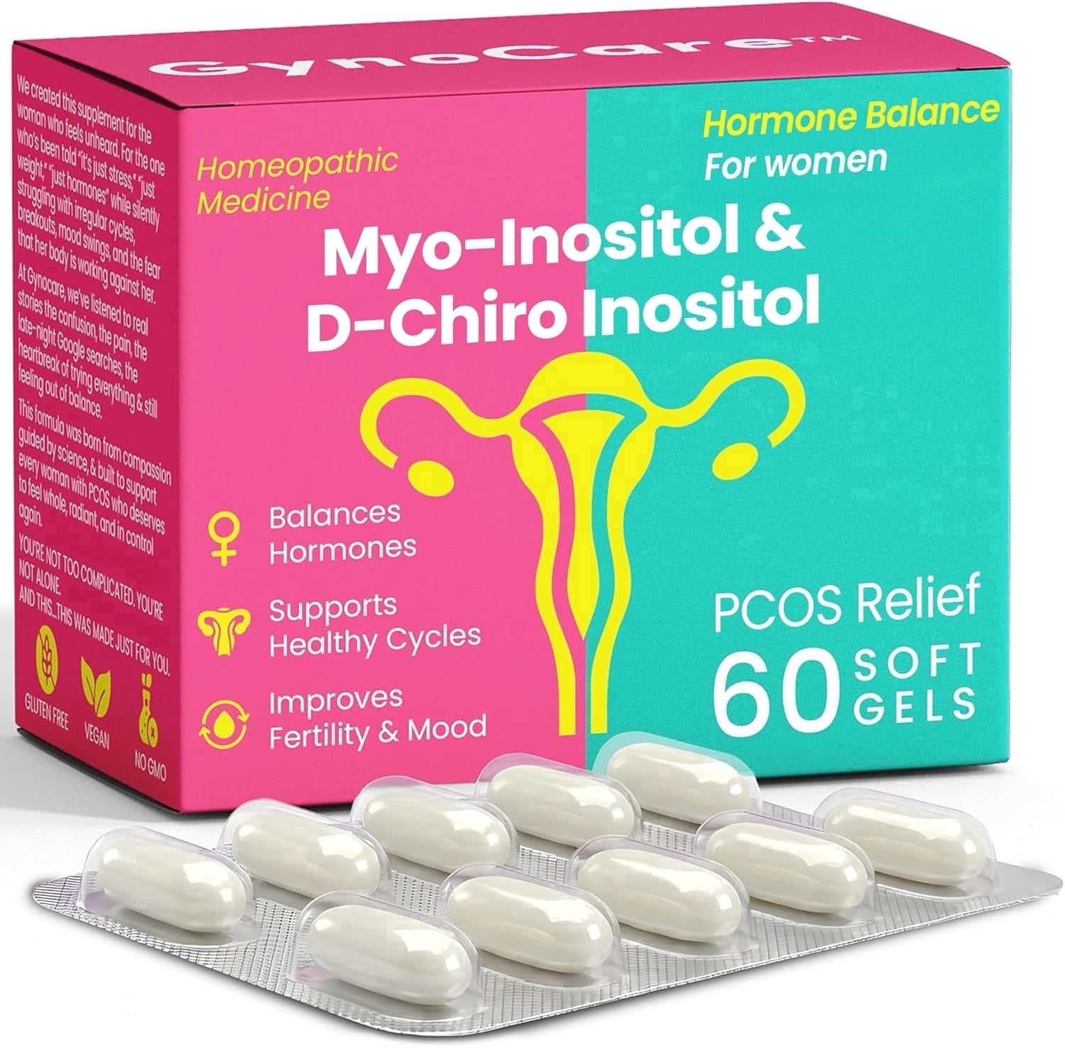 Myo-Inositol & D-Chiro Inositol Supplement for Women | PCOS Supplements for Hormone Balance for Women & Fertility Support | | Supports Ovarian Health, Irregular Cycles, PMS | 60 Softgels