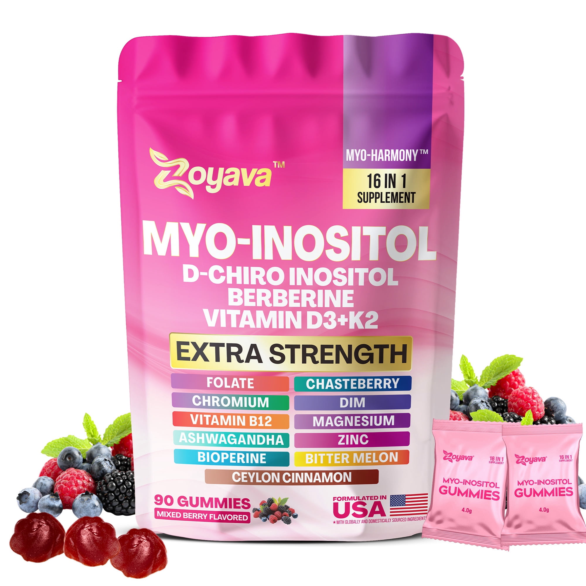 Myo-Inositol Gummies, D-Chiro Inositol, Berberine, Vitamin B12 D3 K2,  Folate, Chromium, Chasteberry, Ceylon Cinnamon, Bitter Melon, Ashwagandha,  Zinc, 