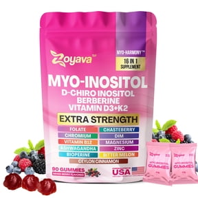 Myo-Inositol Gummies, D-Chiro Inositol, Berberine, Vitamin B12 D3 K2, Folate, Chromium, Chasteberry, Ceylon Cinnamon, Bitter Melon, Ashwagandha, Zinc, Magnesium, DIM Bioperine,Mixed Berry, 90 Gummies